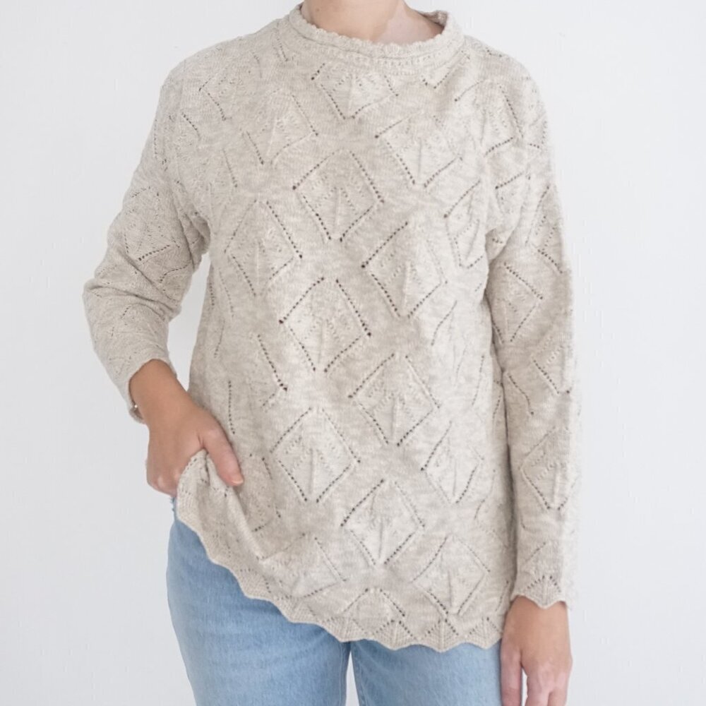 Vintage Via Mota By Paris Star Beige Cotton Blend Diamond Cut Crewneck Sweater M